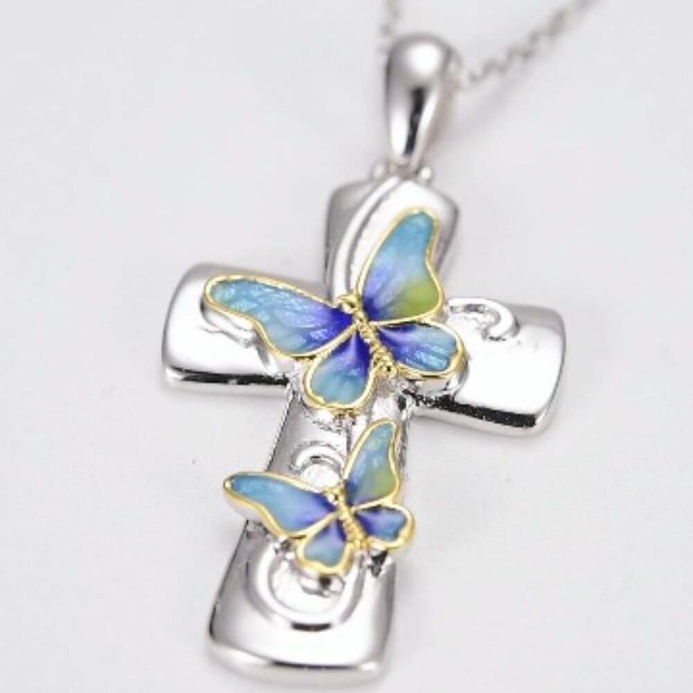 Sterling Silver Cross Butterfly Pendant Necklace Elegant Faith Symbol Jewelry - Picture 8 of 8